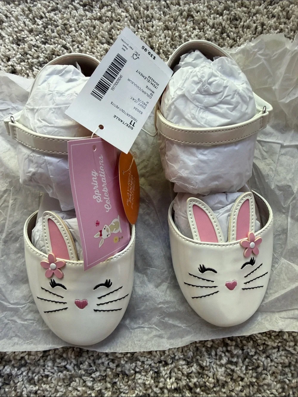 NWT Gymboree Girls White Bunny Mary Jane Dress Shoes with Pink Accents size 11